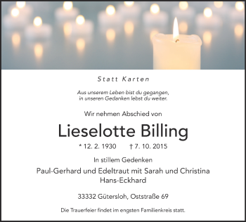 Traueranzeige von Lieselotte Billing