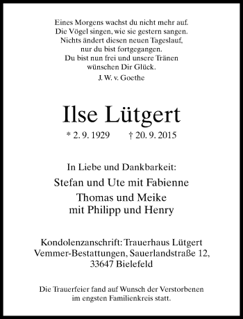 Traueranzeige von Ilse Lütgert von Neue Westfälische