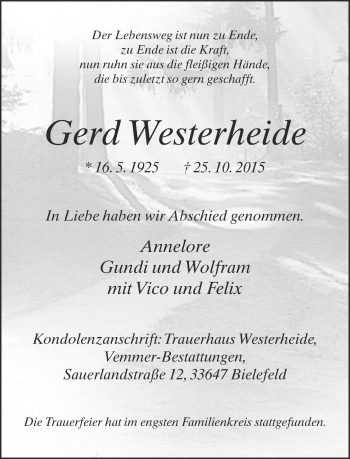 Traueranzeige von Gerd Westerheide von Neue Westfälische