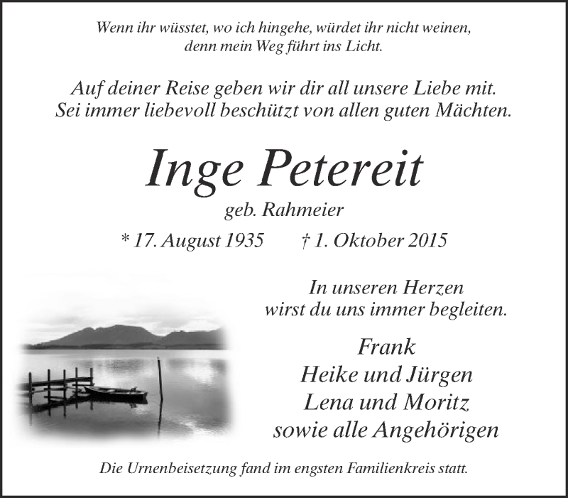  Traueranzeige für Inge Petereit vom 17.10.2015 aus Neue Westfälische