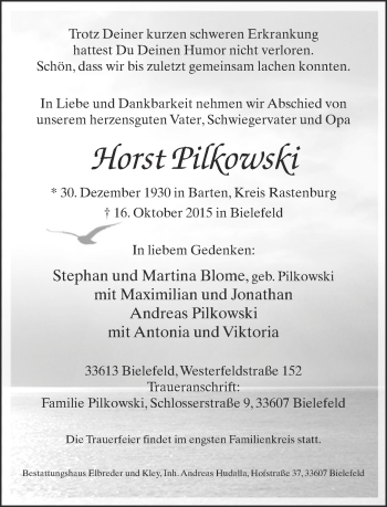 Traueranzeige von Horst Pilkowski von Neue Westfälische