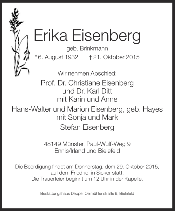 Traueranzeige von Erika Eisenberg von Neue Westfälische