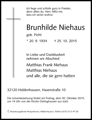 Traueranzeige von Brunhilde Niehaus von Neue Westfälische