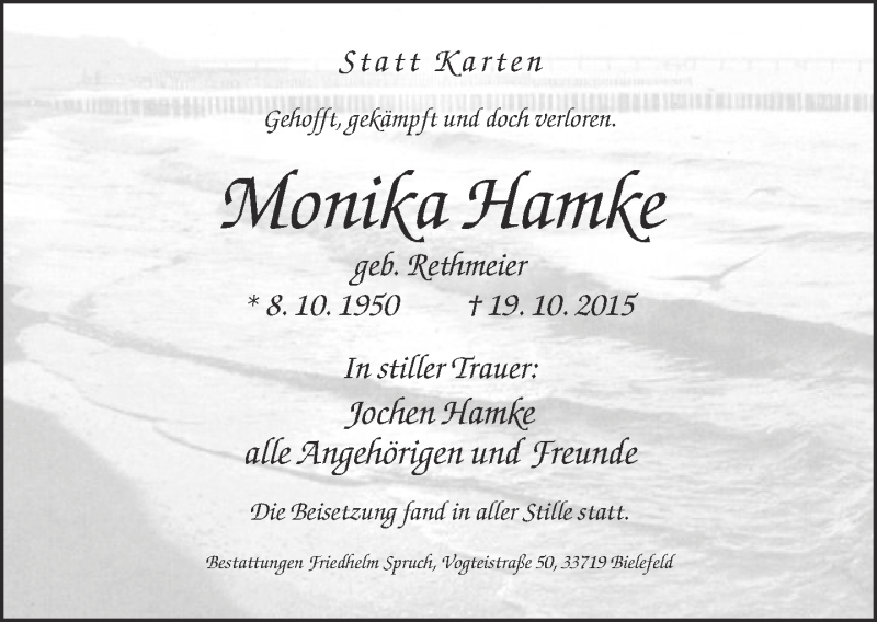  Traueranzeige für Monika Hamke vom 31.10.2015 aus Neue Westfälische