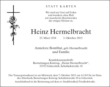 Traueranzeige von Heinz Hermelbracht von Neue Westfälische