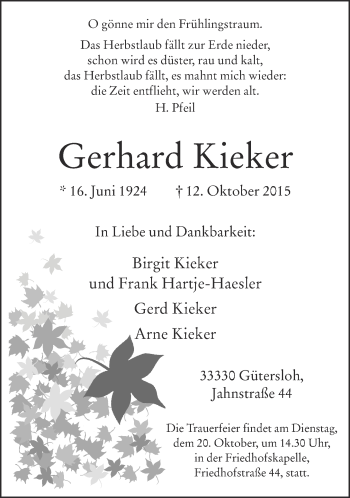 Traueranzeige von Gerhard Kieker von Neue Westfälische