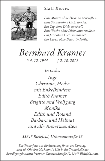 Traueranzeige von Bernhard Kramer von Neue Westfälische