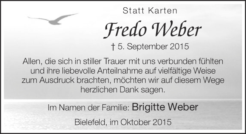  Traueranzeige für Fredo Weber vom 03.10.2015 aus Neue Westfälische