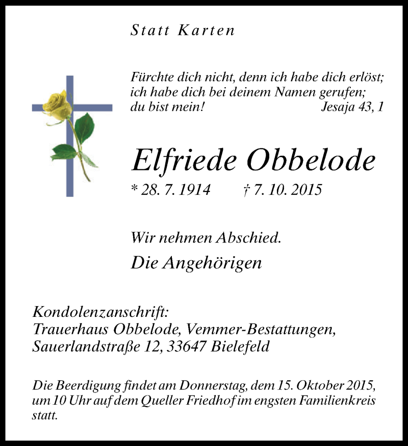  Traueranzeige für Elfriede Obbelode vom 09.10.2015 aus Neue Westfälische