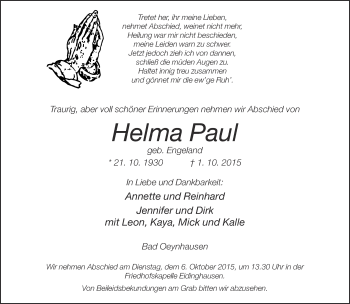 Traueranzeige von Helma Paul