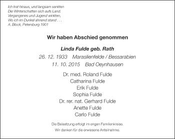 Traueranzeige von Linda Fulde