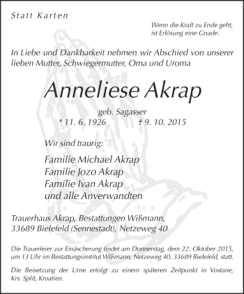 Traueranzeige von Anneliese Akrap von Neue Westfälische