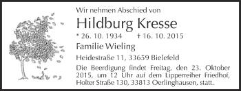 Traueranzeige von Hildburg Kresse von Neue Westfälische