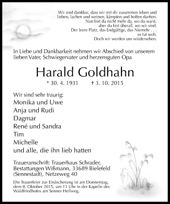 Traueranzeige von Harald Goldhahn von Neue Westfälische