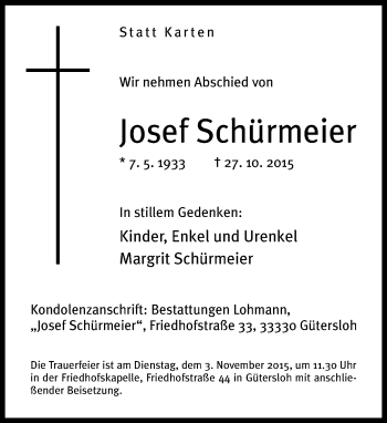 Traueranzeige von Josef Schürmeier