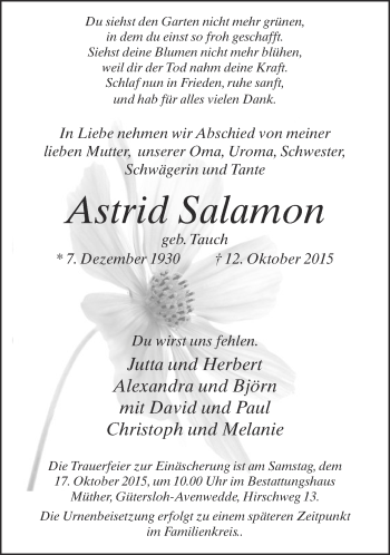 Traueranzeige von Astrid Salamon von Neue Westfälische
