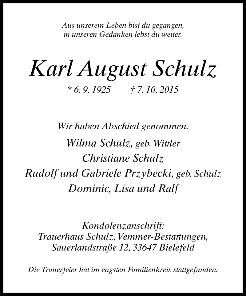  Traueranzeige für Karl August Schulz vom 17.10.2015 aus Neue Westfälische