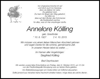 Traueranzeige von Annelore Kölling