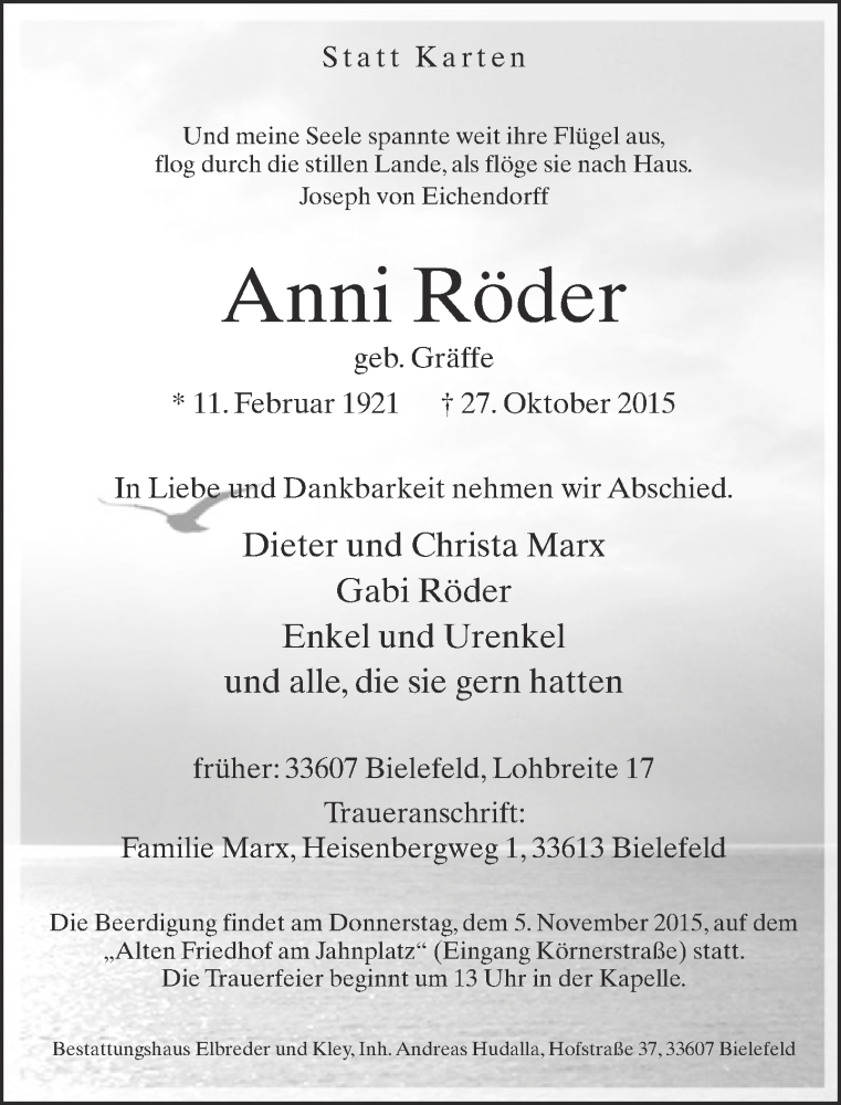  Traueranzeige für Anni Röder vom 31.10.2015 aus Neue Westfälische