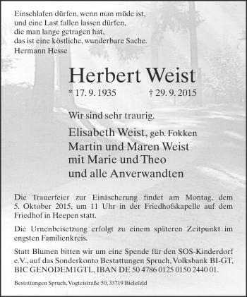 Traueranzeige von Herbert Weist von Neue Westfälische