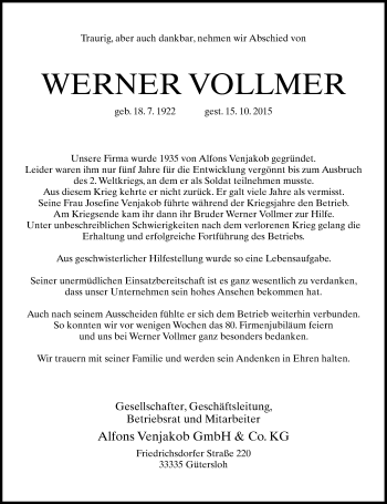 Traueranzeige von Werner Vollmer von Neue Westfälische