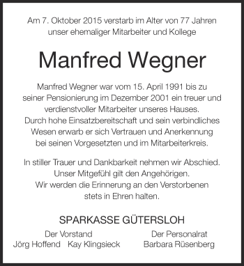 Traueranzeige von Manfred Wegner von Neue Westfälische