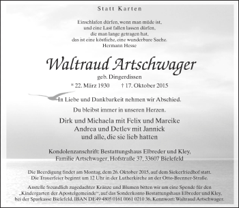 Traueranzeige von Waltraud Artschwager von Neue Westfälische