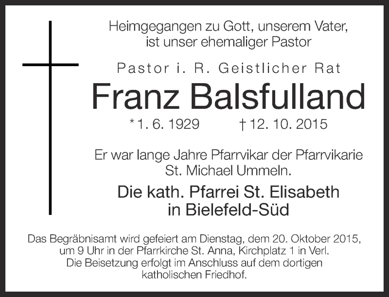  Traueranzeige für Franz Balsfulland vom 17.10.2015 aus Neue Westfälische