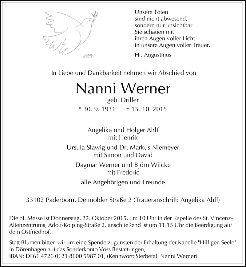  Traueranzeige für Nanni Werner vom 19.10.2015 aus Neue Westfälische