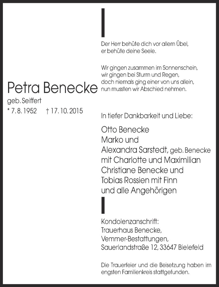  Traueranzeige für Petra Benecke vom 24.10.2015 aus Neue Westfälische