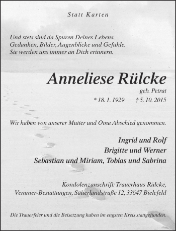Traueranzeige von Anneliese Rülcke von Neue Westfälische