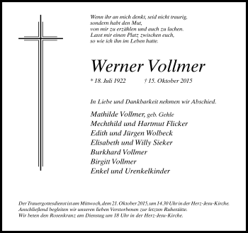 Traueranzeige von Werner Vollmer von Neue Westfälische