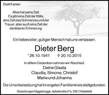 Traueranzeige von Dieter Berg von Neue Westfälische