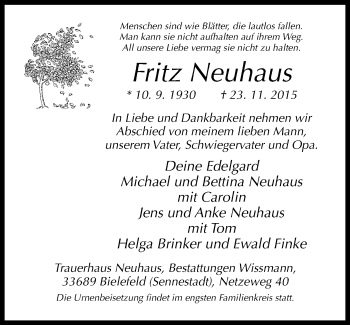 Traueranzeige von Fritz Neuhaus von Neue Westfälische