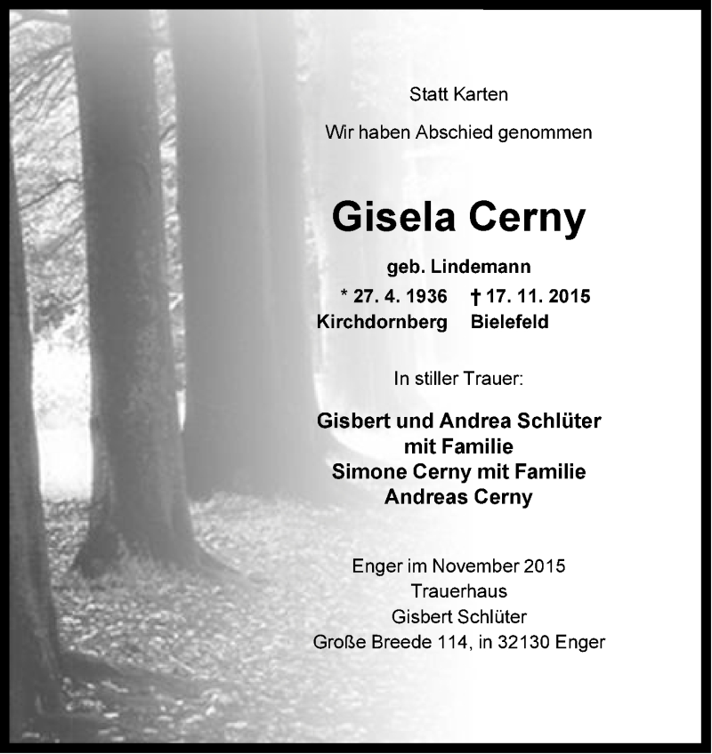  Traueranzeige für Gisela Cerny vom 28.11.2015 aus Neue Westfälische