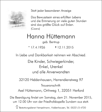 Traueranzeige von Hanna Hüttemann von Neue Westfälische