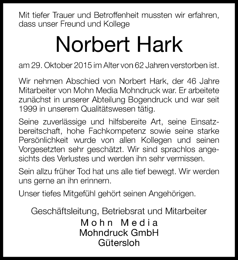 Traueranzeige für Norbert Hark vom 03.11.2015 aus Neue Westfälische