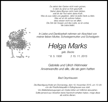 Traueranzeige von Helga Marks