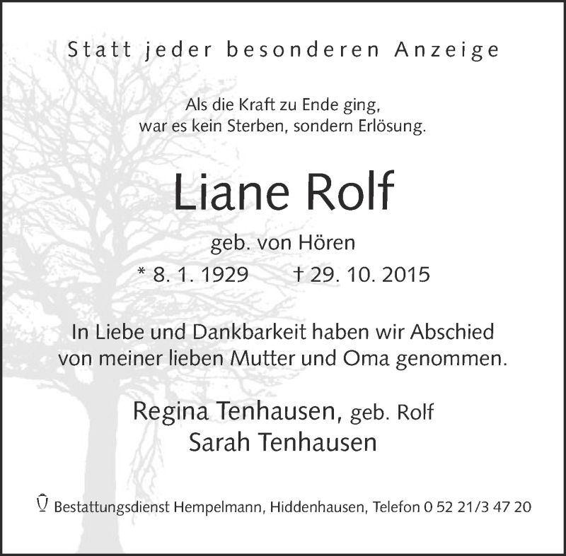  Traueranzeige für Liane Rolf vom 14.11.2015 aus Neue Westfälische