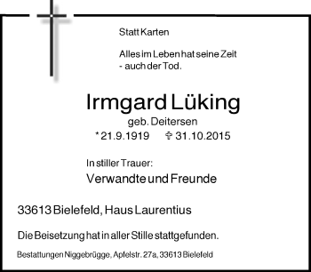 Traueranzeige von Irmgard Lüking von Neue Westfälische