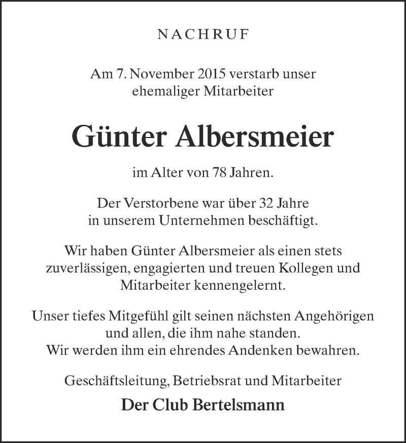  Traueranzeige für Günter Albersmeier vom 28.11.2015 aus Neue Westfälische