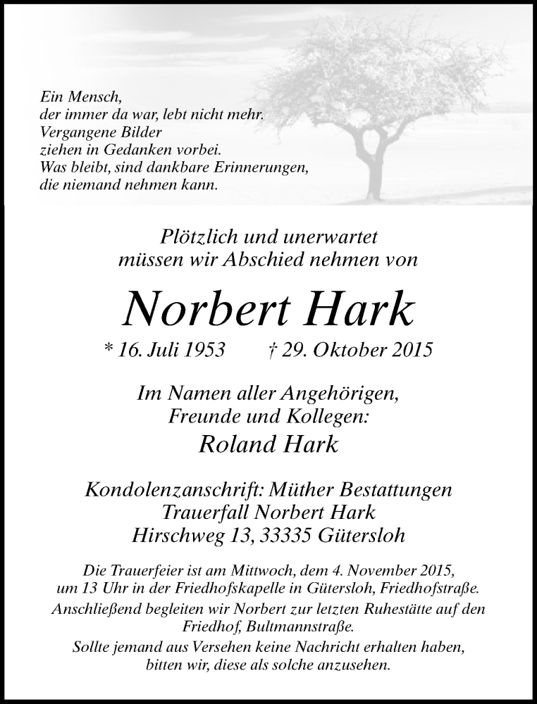  Traueranzeige für Norbert Hark vom 02.11.2015 aus Neue Westfälische