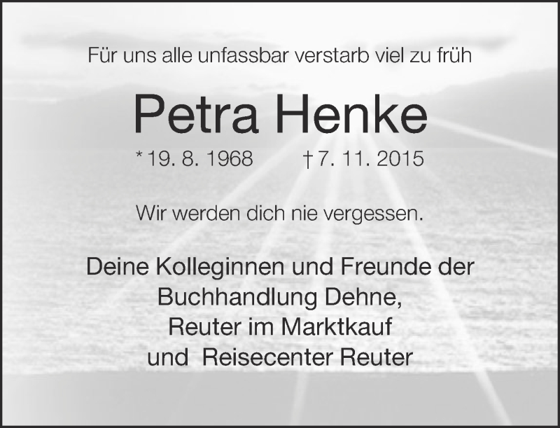  Traueranzeige für Petra Henke vom 10.11.2015 aus Neue Westfälische