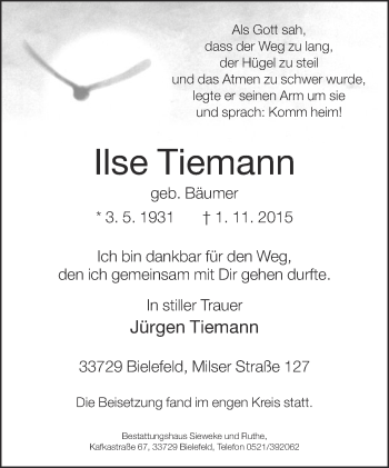 Traueranzeige von Ilse Tiemann von Neue Westfälische
