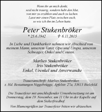 Traueranzeige von Peter Stukenbröker von Neue Westfälische
