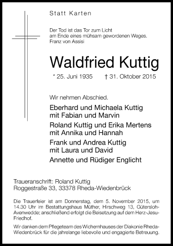 Traueranzeige von Waldfried Kuttig von Neue Westfälische