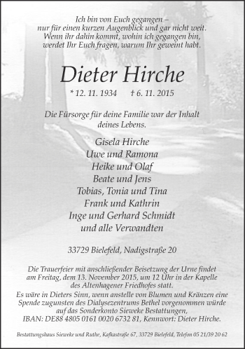 Traueranzeige von Dieter Hirche