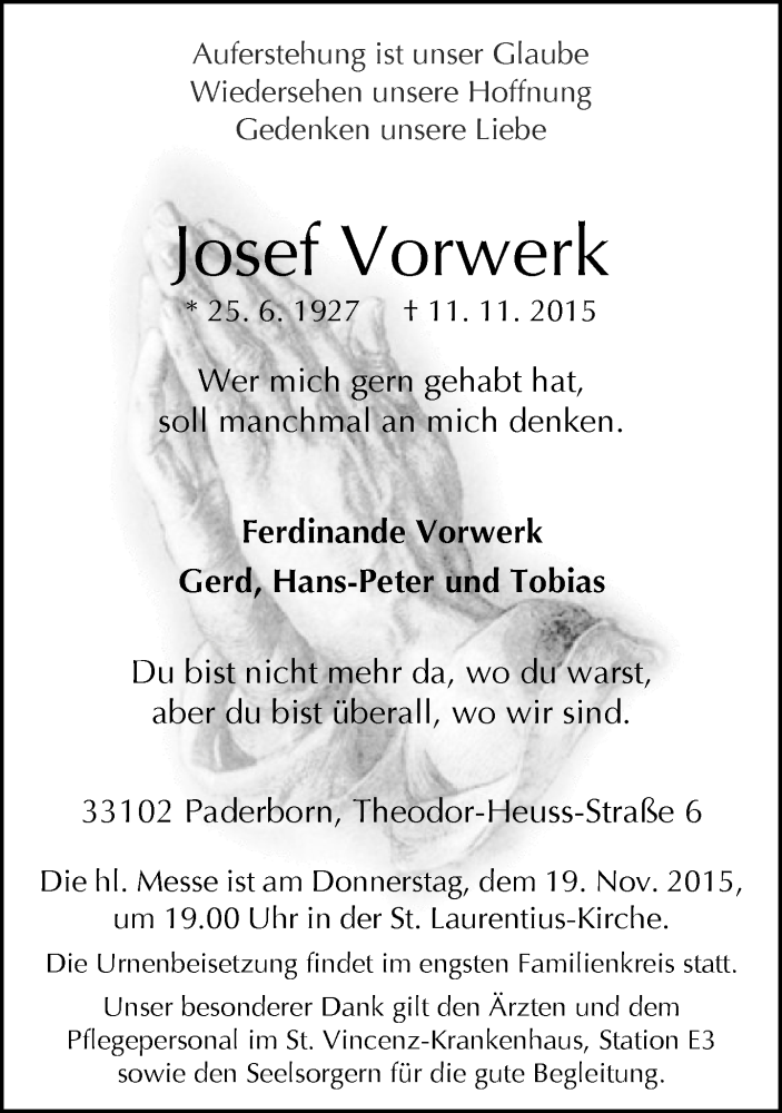  Traueranzeige für Josef Vorwerk vom 14.11.2015 aus Neue Westfälische