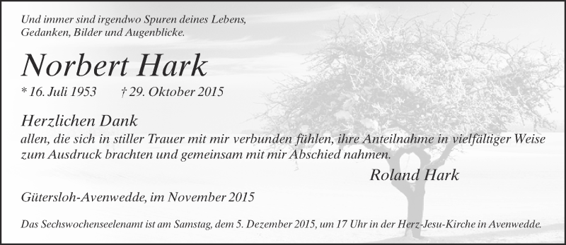  Traueranzeige für Norbert Hark vom 28.11.2015 aus Neue Westfälische
