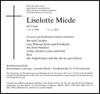 Traueranzeige von Liselotte Miede